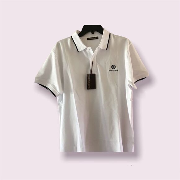 ROBERTO Cavalli polo shirt white with black accent slim fit size XL - Picture 1 of 6
